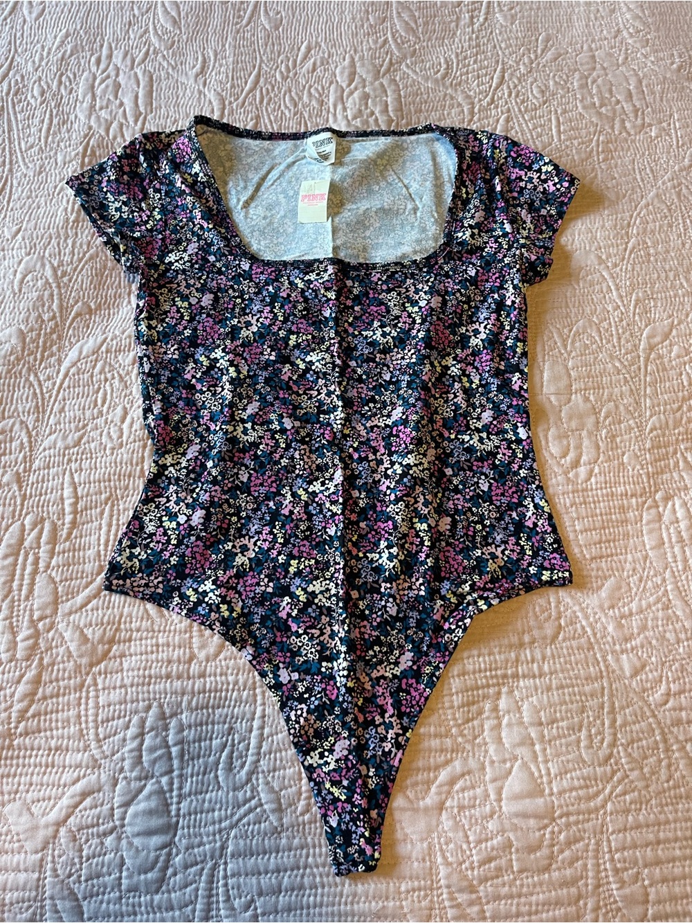 Victoria's Secret Black Floral Scoop Neck One-Piece Bodysuit